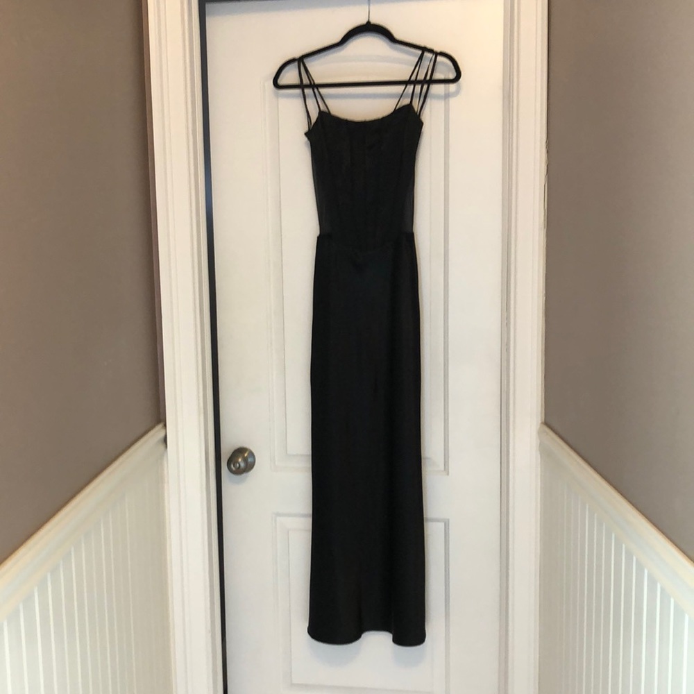 Vintage late 1990”s black satin and sheer long party dress by Georgette!